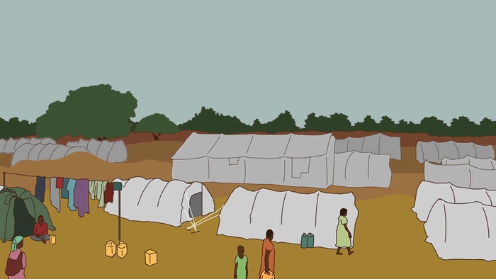 Illustration of a refugee camp.