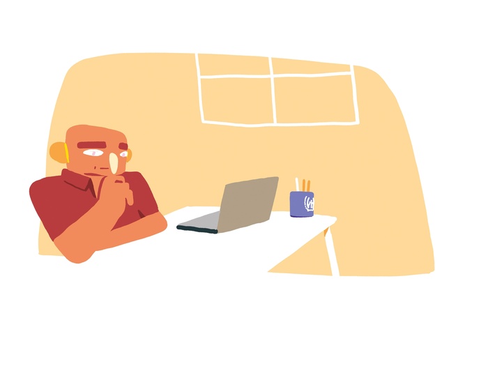 Illustration of a person sitting at their desk and working on a laptop.