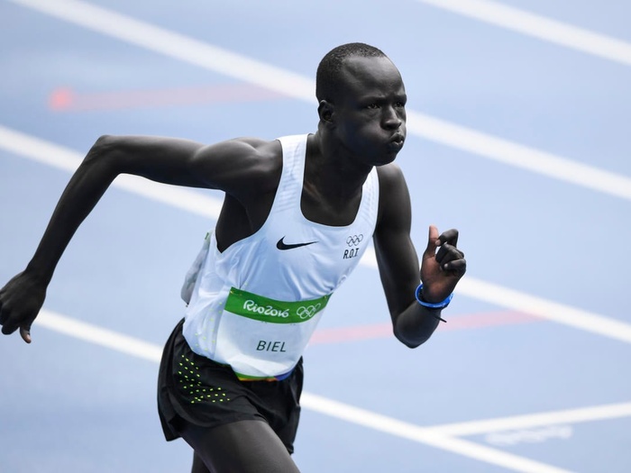 Yiech Pur Biel runs on a track.