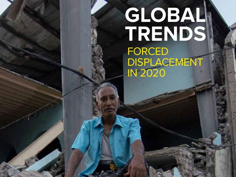 Global Trends 2020 report cover, featuring a man sitting in front of a partially destroyed building in Yemen.