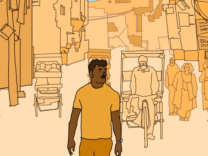 Illustration of a man walking through a market.