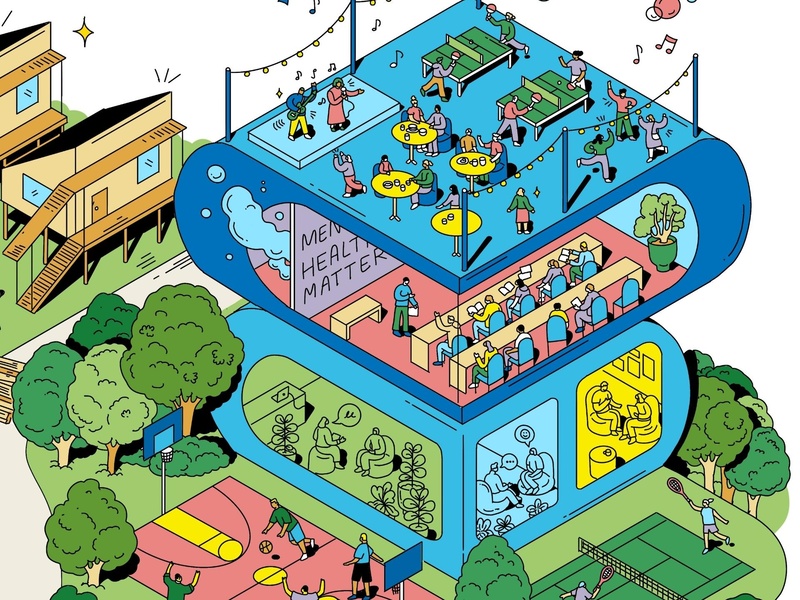 Illustration of a rooftop where people sing and dance together. Under them is a classroom, the board reads "Mental Health matters".