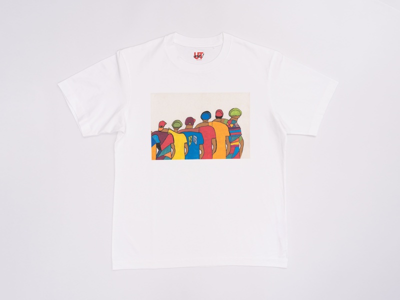 A white t-shirt with an illustration of six persons hugging each other