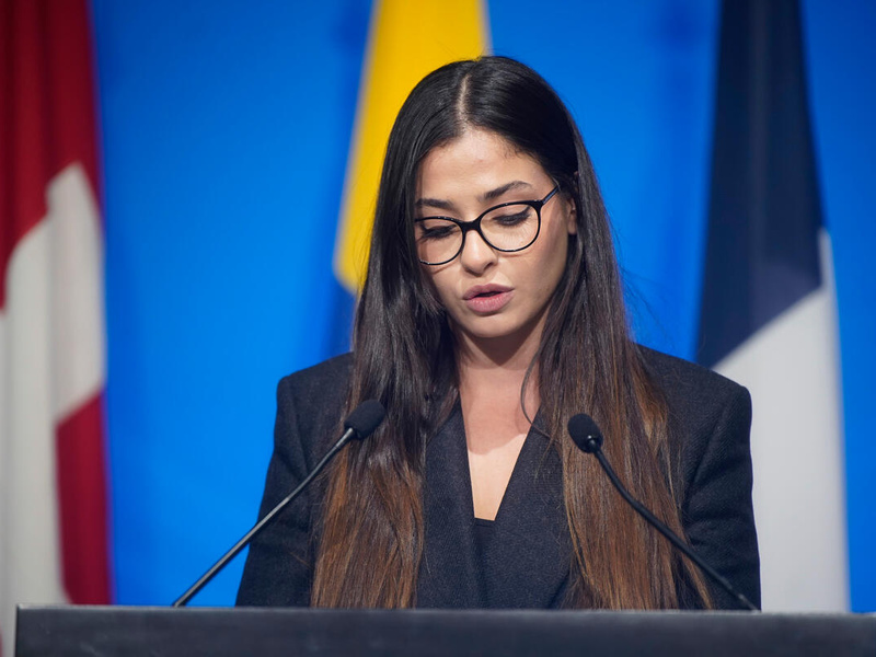 Yusra Mardini speaks at the Global Refugee Forum 2023.