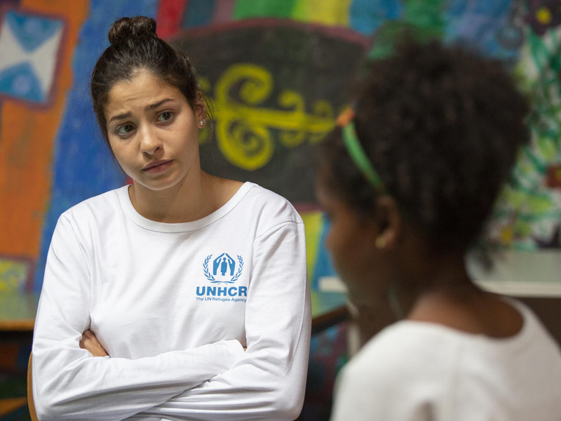 UNHCR Goodwill Ambassador Yusra Mardini meets Miriam, a 12-year-old girl from Eritrea while visiting the Youth Centre "Centro di Aggregazione per Ragazzi" in Sicily.