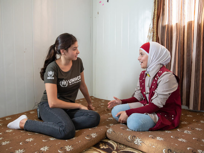 UNHCR Goodwill Ambassador Yusra Mardini visits the home of Syrian refugee Rama (14) during a visit to the Zaatari refugee camp in Jordan. 