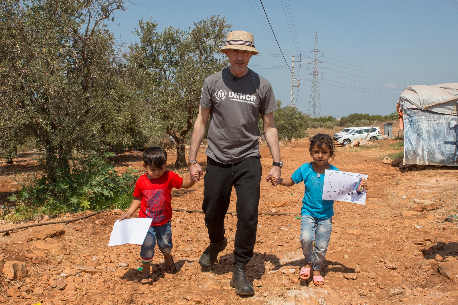 Lebanon. UNHCR High Profile Supporter Alan Cumming meets Syrian refugee Mzyed Haj Khalaf and his family at Rass Maska informal settlement