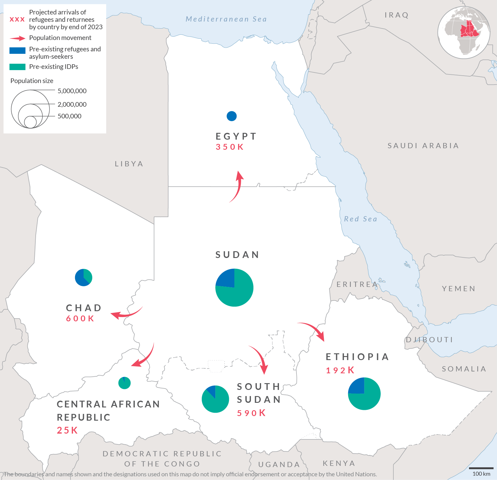 Map showing projected displacement from Sudan into neighbouring countries and pre-existing refugee populations