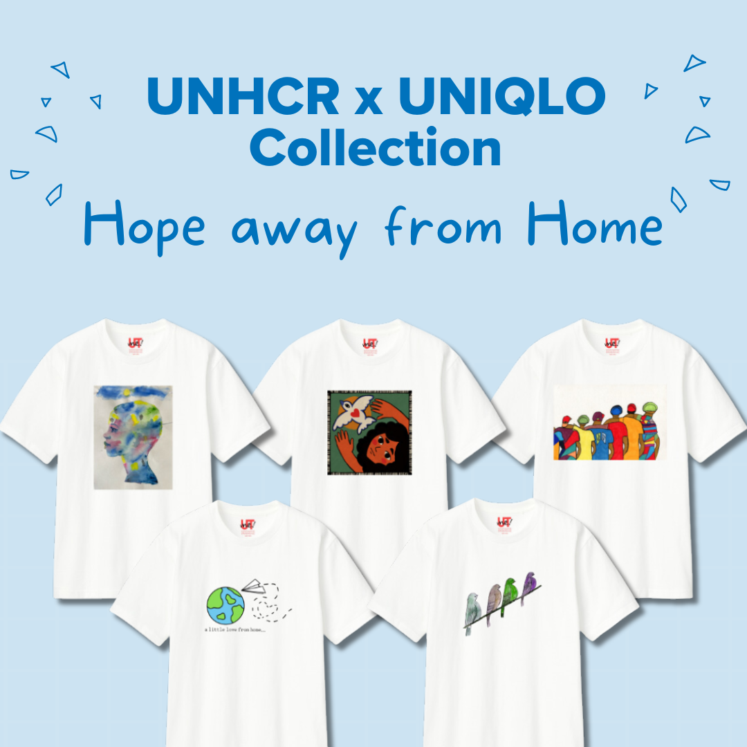 Five t-shirts with the winning designed superimposed on a light blue background with the text "UNHCR x UNIQLO Collection" at the top