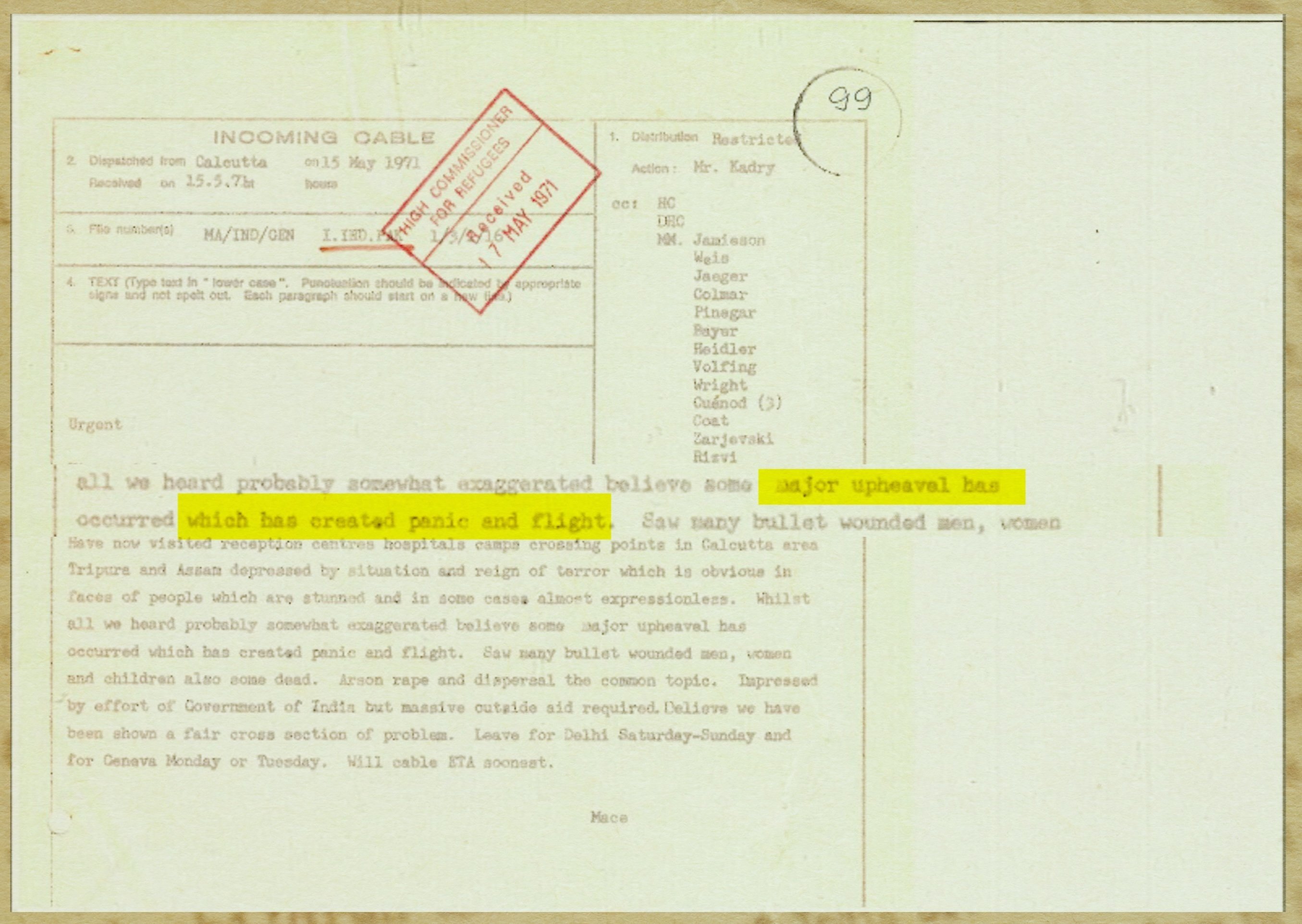 A highlighted image of a stamped cablegram message sent from Calcutta in 1971