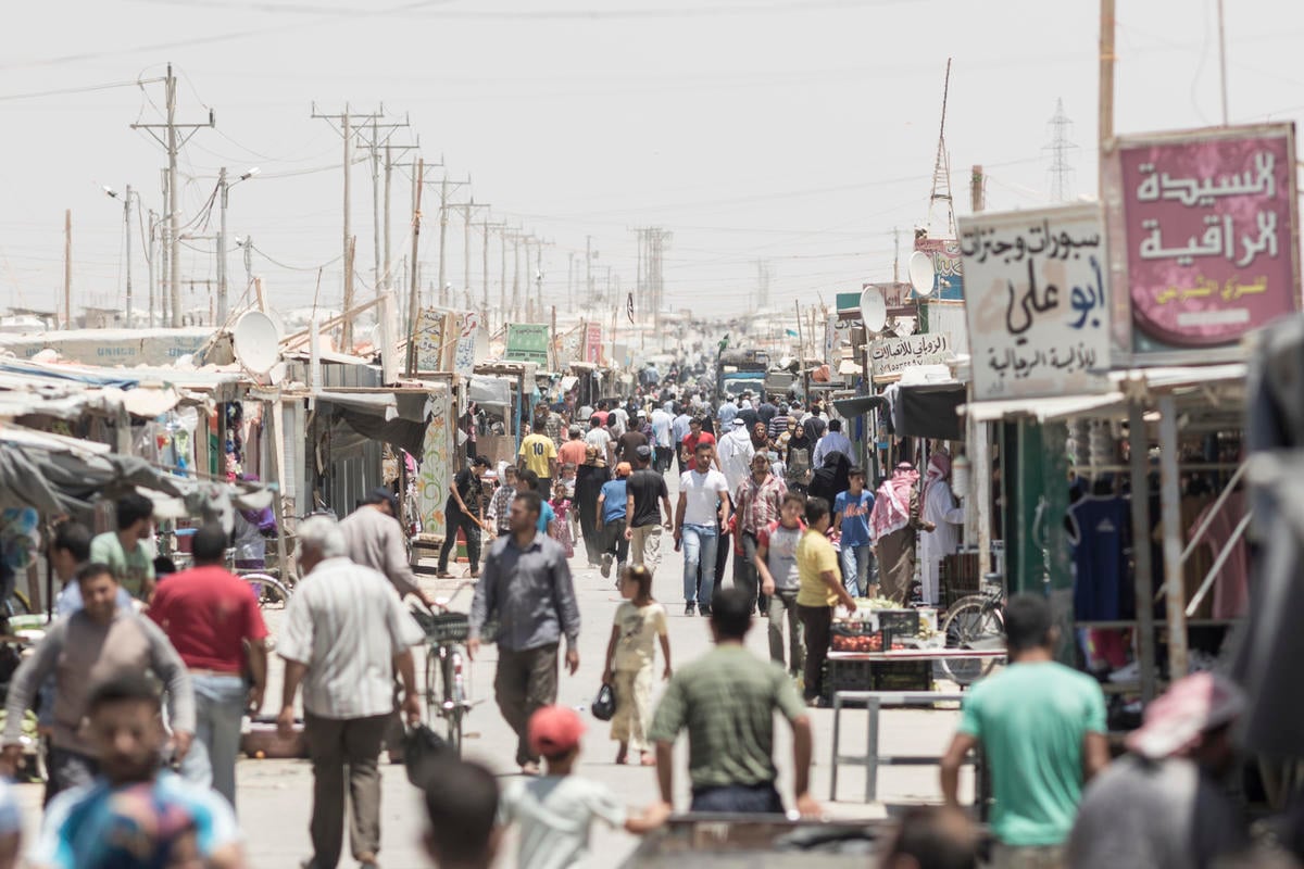Jordan. Overview of busy market street in Za'atari Refugee camp.