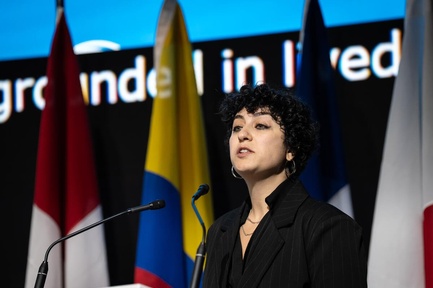 A woman speaks into a microphone on stage.