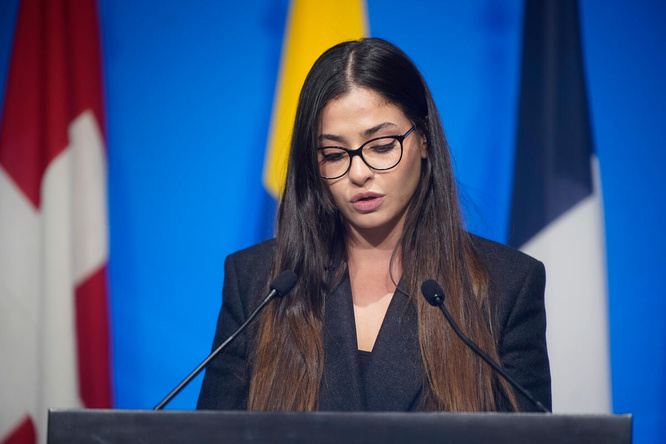 Yusra Mardini speaks at the Global Refugee Forum 2023.