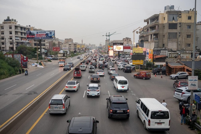Three lanes of traffic head south out of Sidon, Lebanon.
