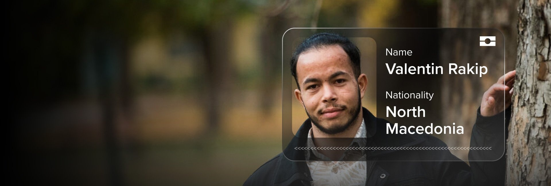 A young man with a graphic of an ID card overlaid on the photo. The card displays the text 'Nationality: North Macedonian'. 