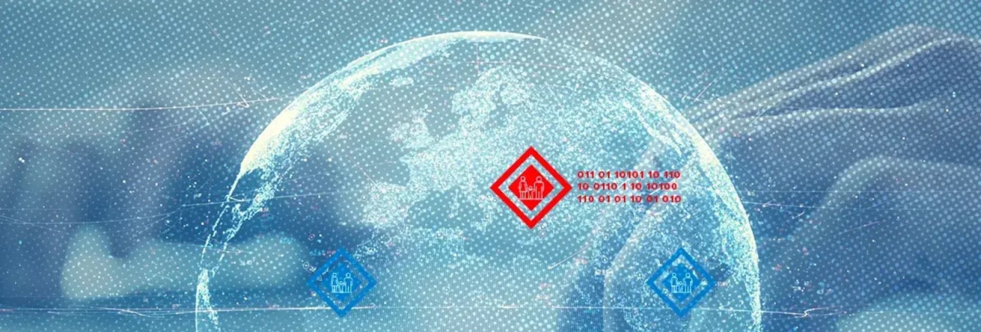 A visual representation of the Earth with graphics on specific locations overlaying person typing on a computer keyboard
