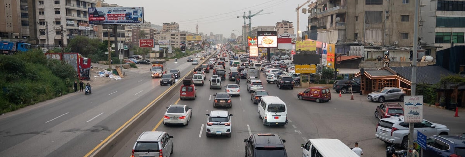 Three lanes of traffic head south out of Sidon, Lebanon.
