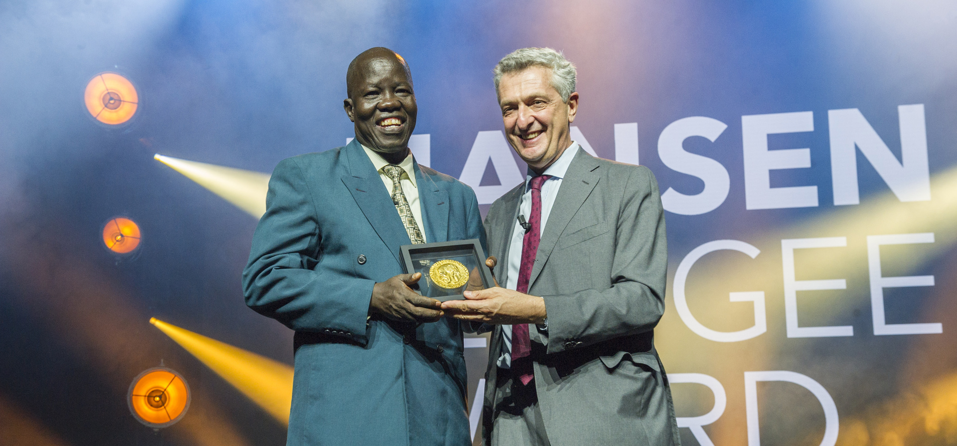 UN High Commissioner for Refugees, Filippo Grandi, presents the 2018 Nansen Refugee Award to Dr. Evan Atar Adaha, a surgeon and medical director at a hospital in north-eastern South Sudan.