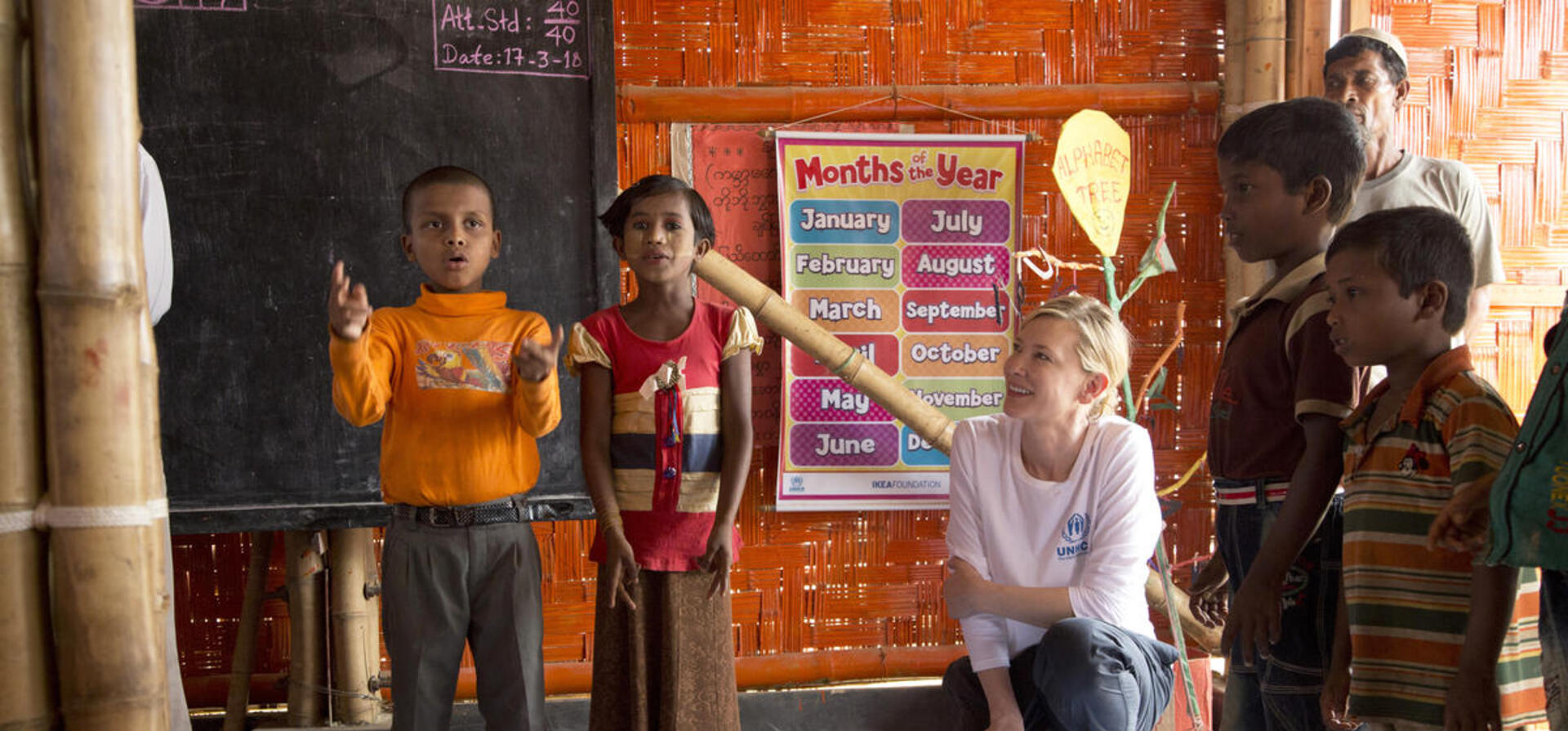 Bangladesh. UNHCR Goodwill Ambassador Cate Blanchett meets young Rohingya refugees at a UNHCR funded Temporary Learning Centre run by UNHCR Implementing Partner: CODEC in Kutupalong refugee settlement