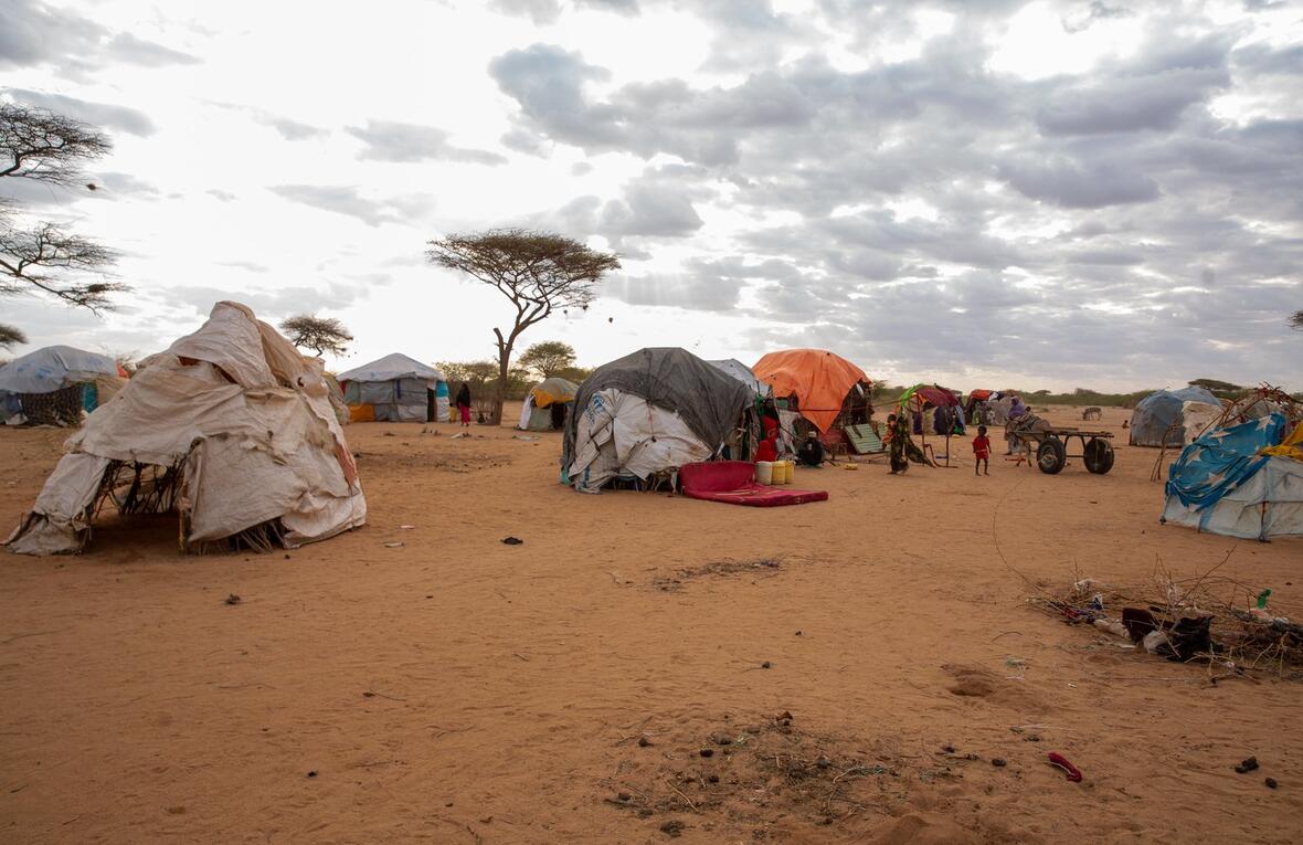 Makeshift shelters in an arid landscape.