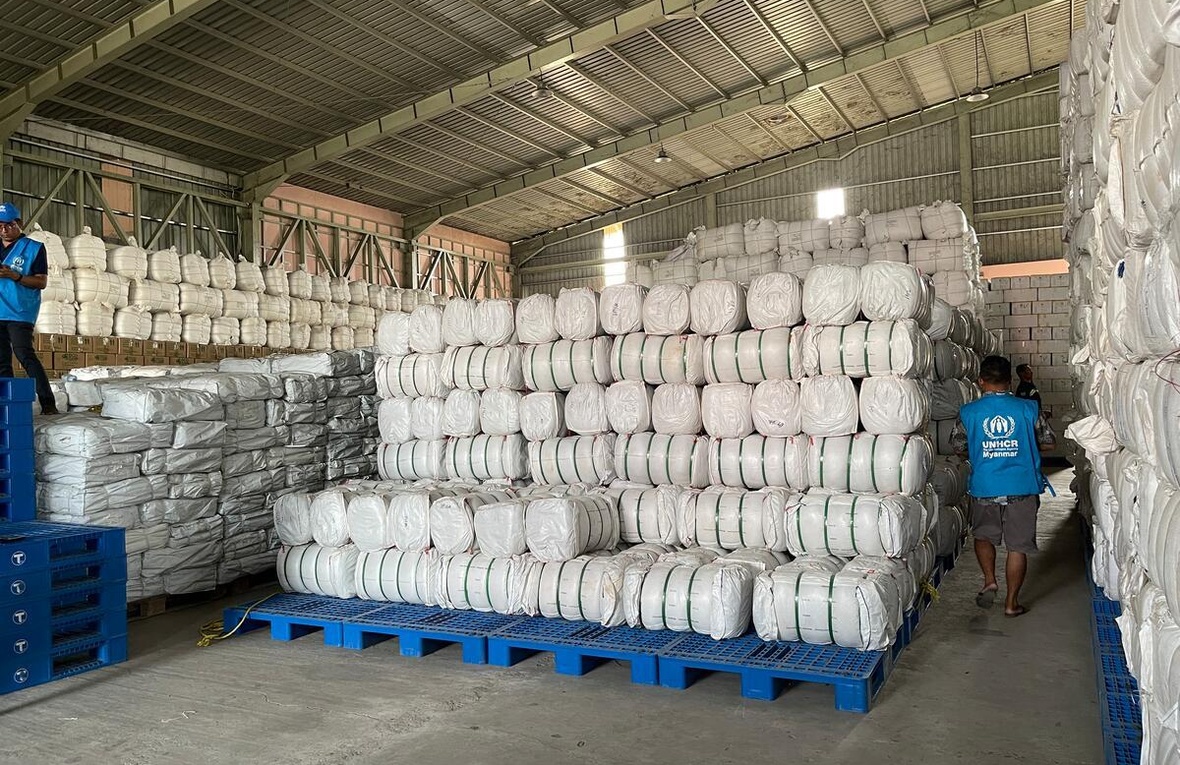 The inside of a warehouse with emergency relief items