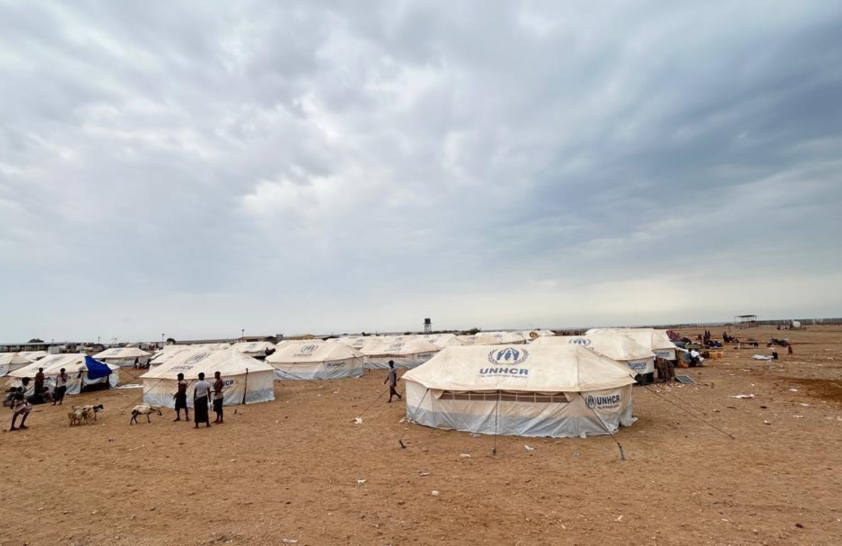 Refugee families gather with animals outside UNHCR tents in an arid environment