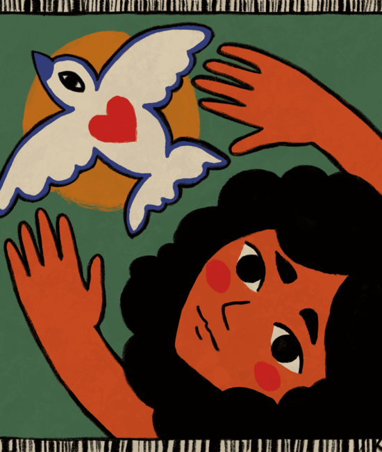 An illustration of a young girl and a white bird.