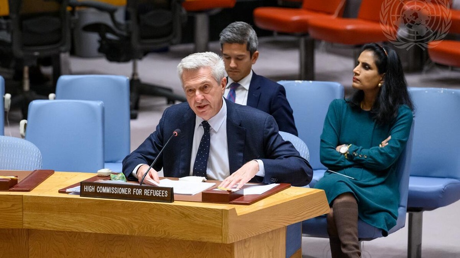 UN High Commissioner for Refugees Filippo Grandi addresses the United Nations Security Council on 31 October 2023.