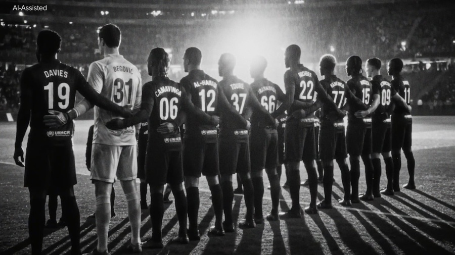 AI-assisted rearview image of a football team lined up on the pitch inside a brightly lit stadium 