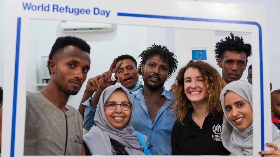 Yemen. Refugees, asylum seekers, and UNHCR staff come together to celebrate World Refugee Day at the UNHCR reception center in Aden.