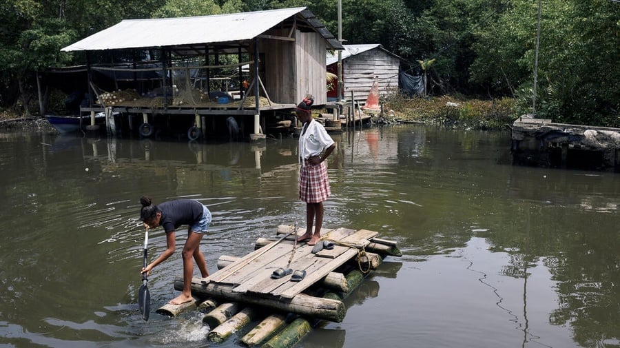 Two girls paddle across mangrove canal on a makeshift wooden raft