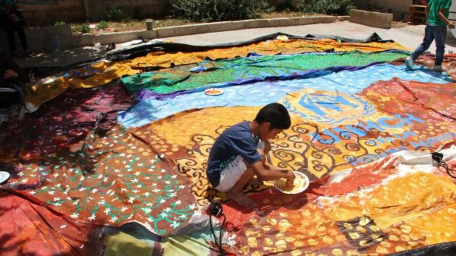 The artwork on this tent was inspired by the Austrian symbolist painter Gustav Klimt and the Syrian poet Nizar Qabbani.