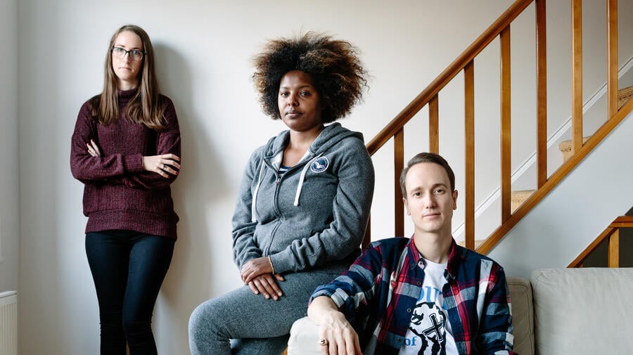 United Kingdom. Sudanese graduate finds a welcoming environment with London couple. This portrait is part of Great British Welcome, the UK chapter of the ongoing No Stranger Place series, which portrays locals and refugees living together in different countries.