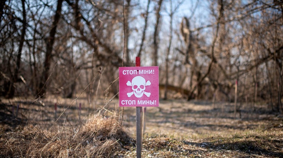 Ukraine. A warning sign for landmines in the Donbas area