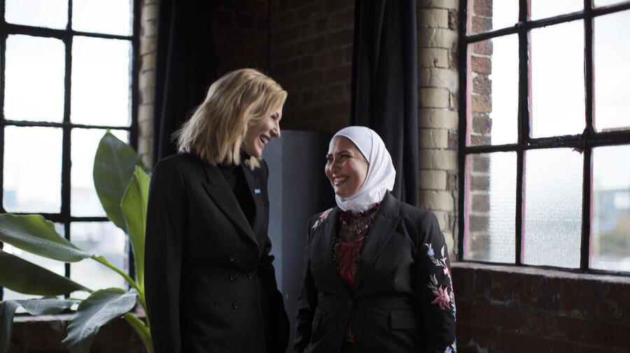 London. UNHCR Goodwill Ambassador Cate Blanchett with Razan Alsous, a refugee from Damascus, Syria, and Founder of Yorkshire Dama Cheese