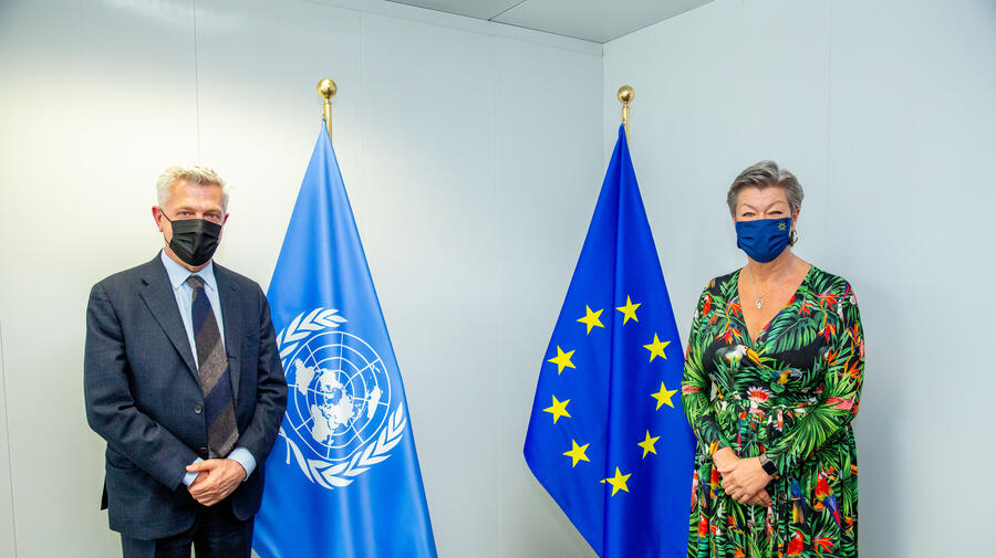 UN High Commissioner for Refugees Filippo Grandi at joint press event with European Commissioner for Home Affairs, Ylva Johansson.