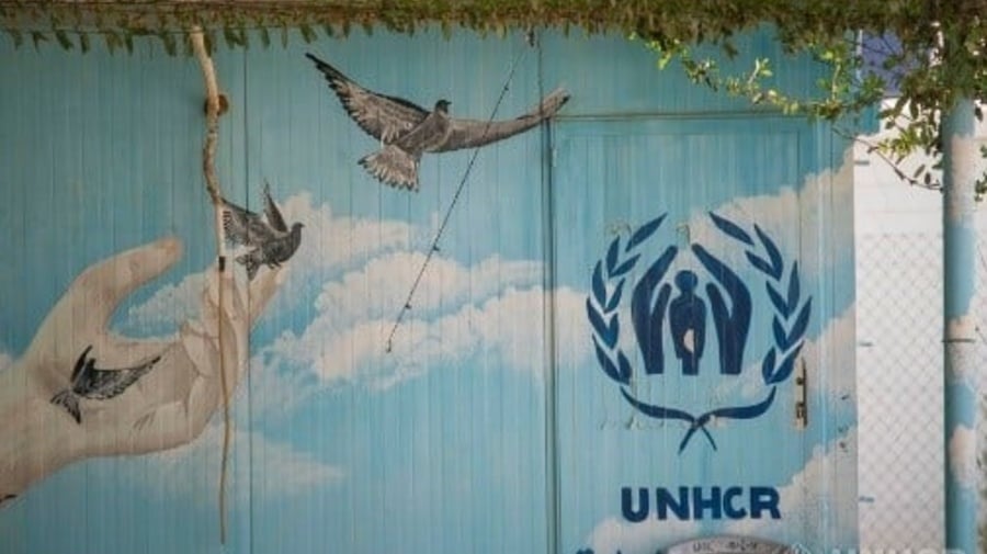 The wall of a building, painted with a hand and flying birds