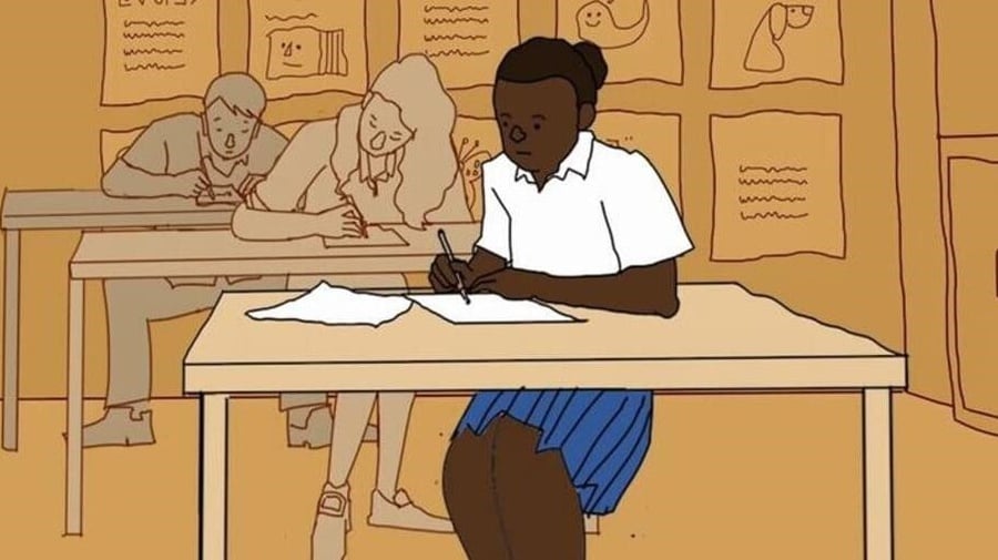 An illustration of a young girl in a classroom sitting at a desk and writing.