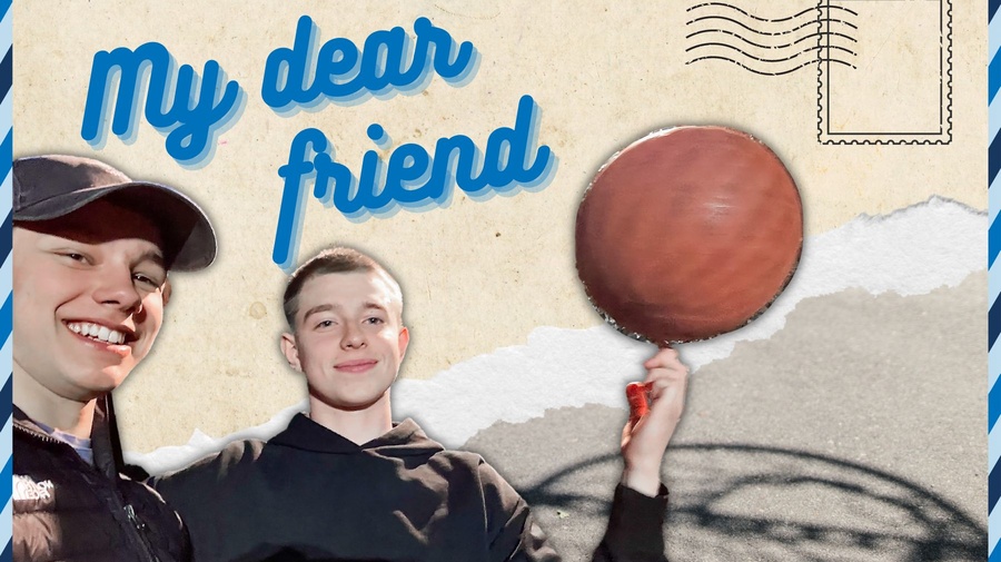 My dear friend: Two smiling boys playing basketball